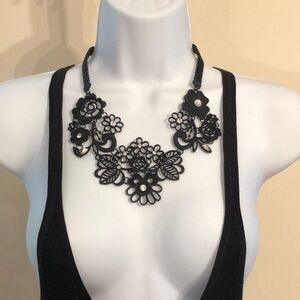 Matte black lace look flower metal necklace statement dark romantic, dressy.